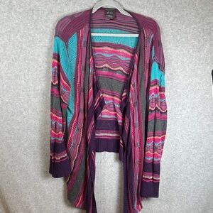 Dots Women's 3X Boho Open-Front Striped Knit Cardigan - Purple & Teal